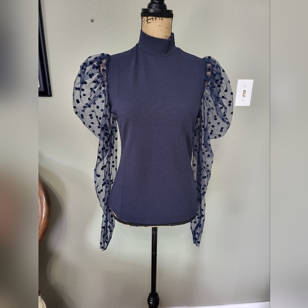 Boutique Elegant Navy Top with Sheer Polka Dot Sleeves Zip Back